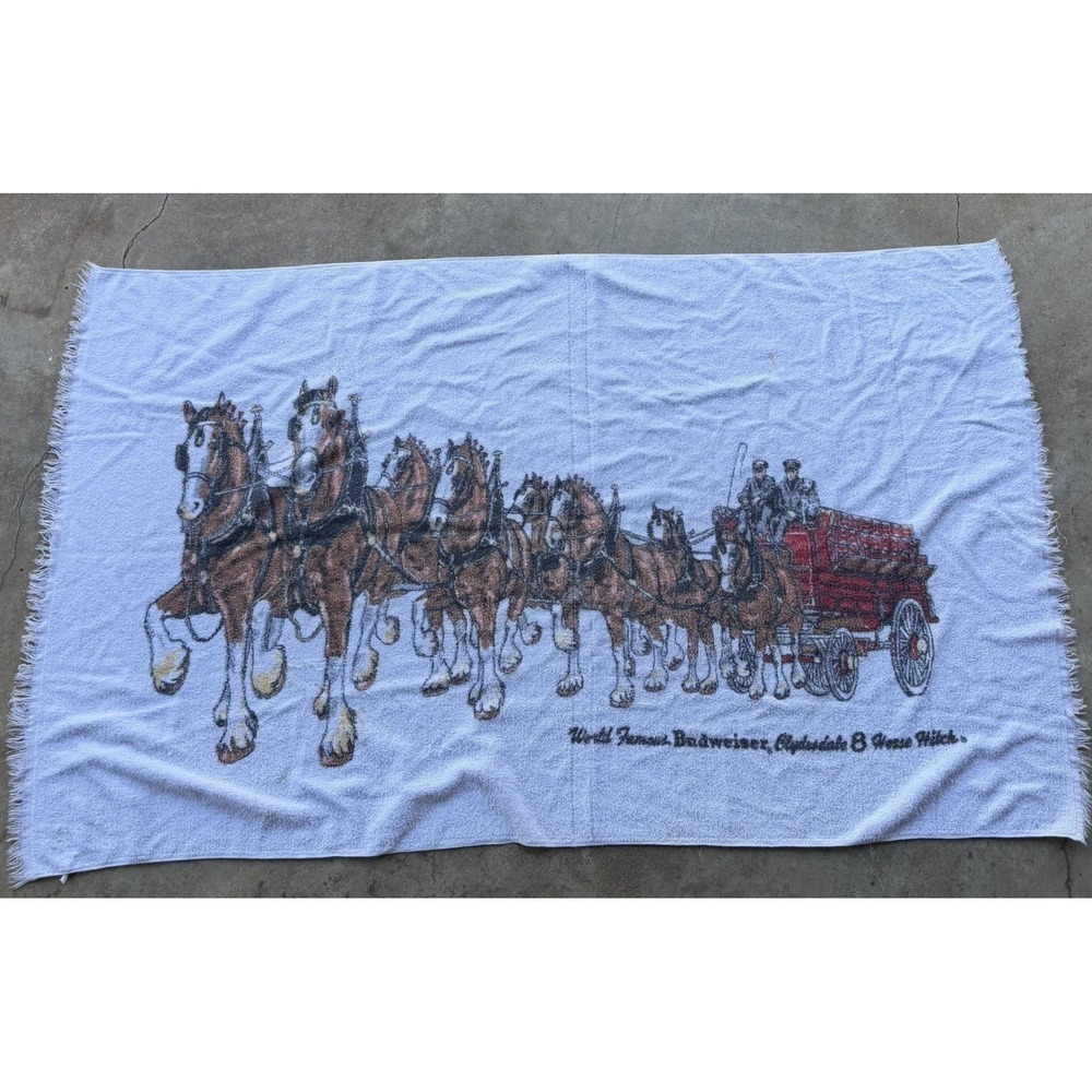 Vintage Beach Towel Budweiser Clydesdale 8 Horse Hitch Man Cave Bar